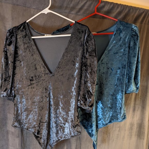 Free People Teal and/or Silver Don't You Wish Velvet Bodysuit (Large/US10/US12) - Picture 2 of 14